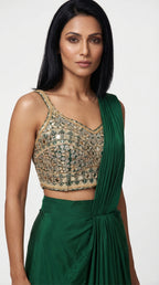 Emerald Green Handwork Blouse & Drape Saree | Rosio House