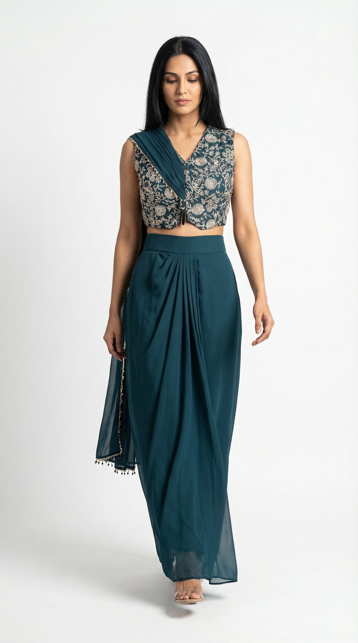 Teal Zari Handwork Draped Skirt Set | Indo-western | Rosio House