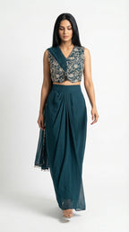 Teal Zari Handwork Draped Skirt Set | Indo-western | Rosio House