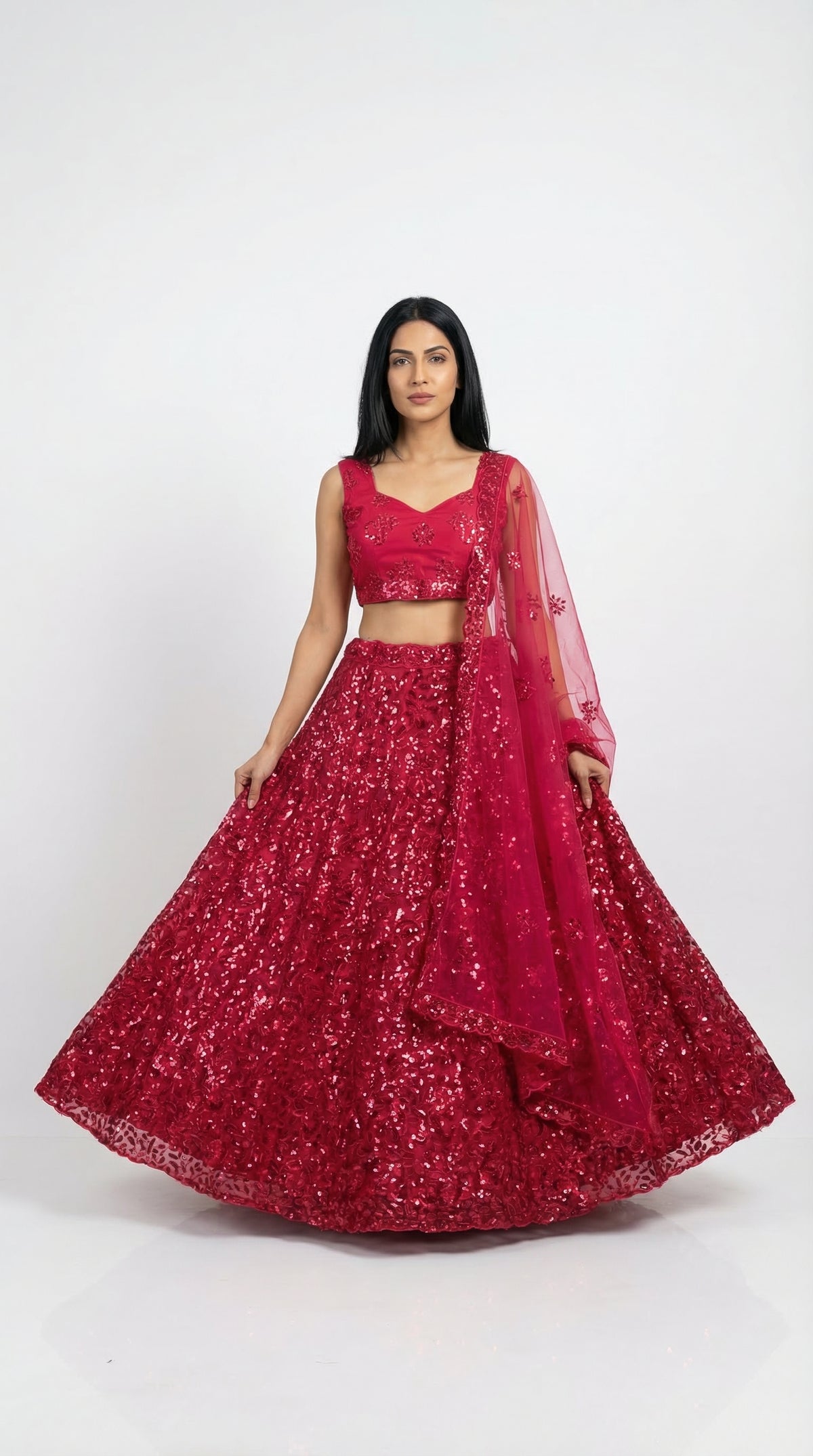 Crimson Red Sequin Embroidered Lehenga Set | Rosio House