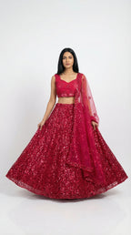 Crimson Red Sequin Embroidered Lehenga Set | Rosio House