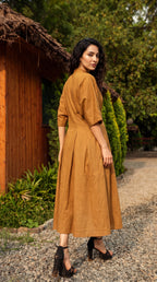 Ochre Cotton Linen Button-Down Midi Dress | Rosio House