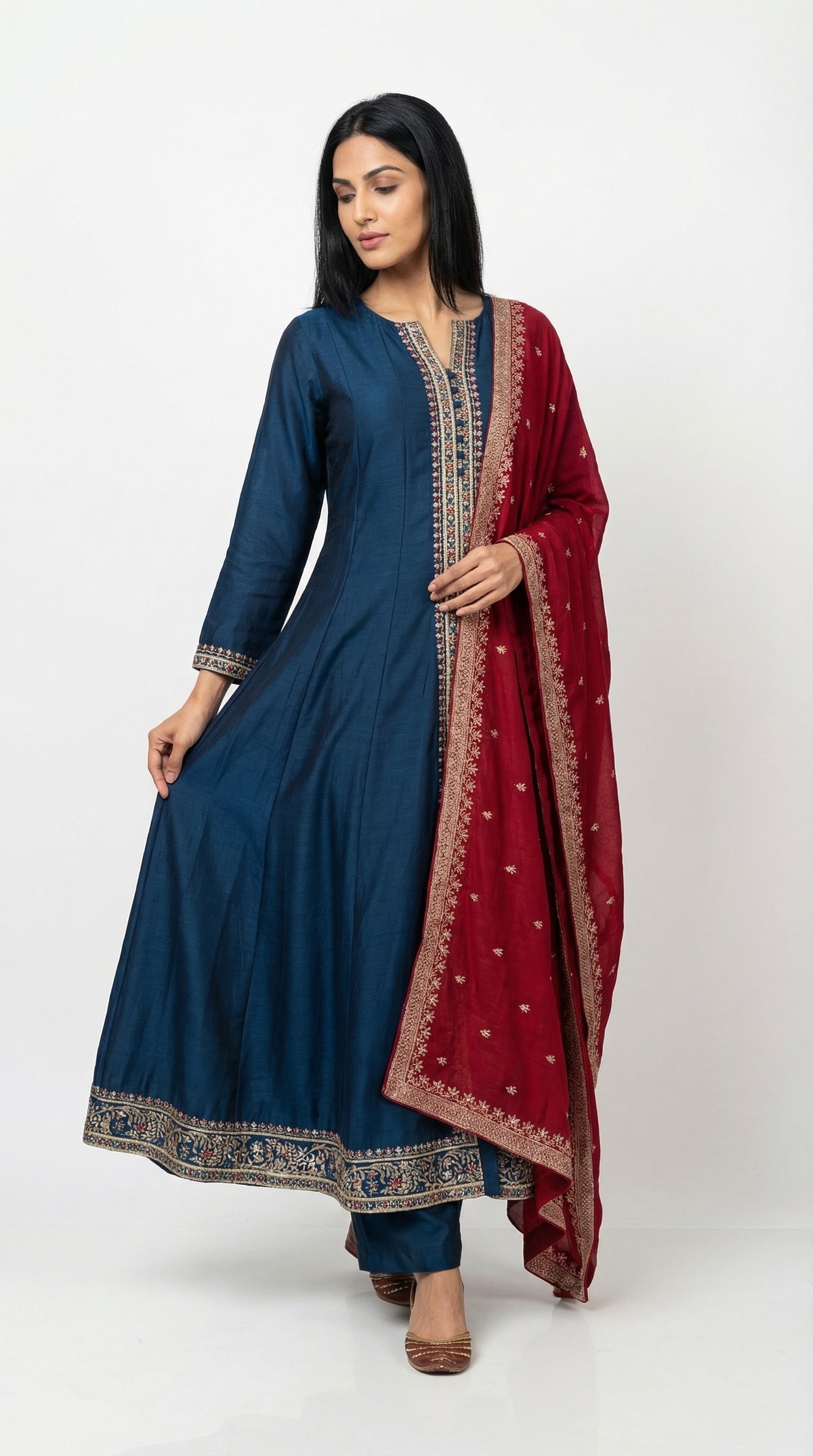 Teal Anarkali Suit with Maroon Dupatta | Embroidered Ethnic Wear | Rosio House