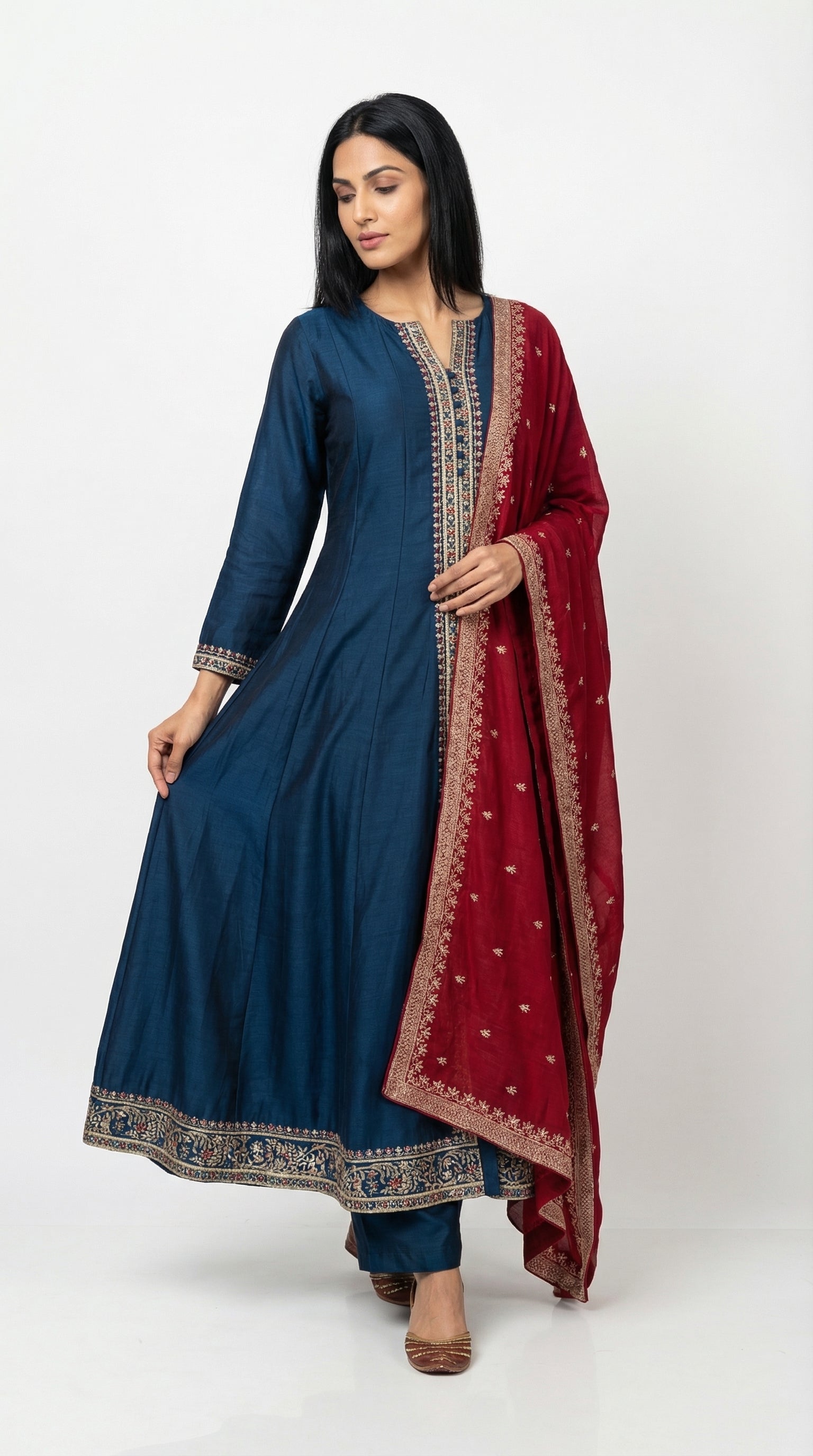 Teal Anarkali Suit with Maroon Dupatta | Embroidered Ethnic Wear | Rosio House