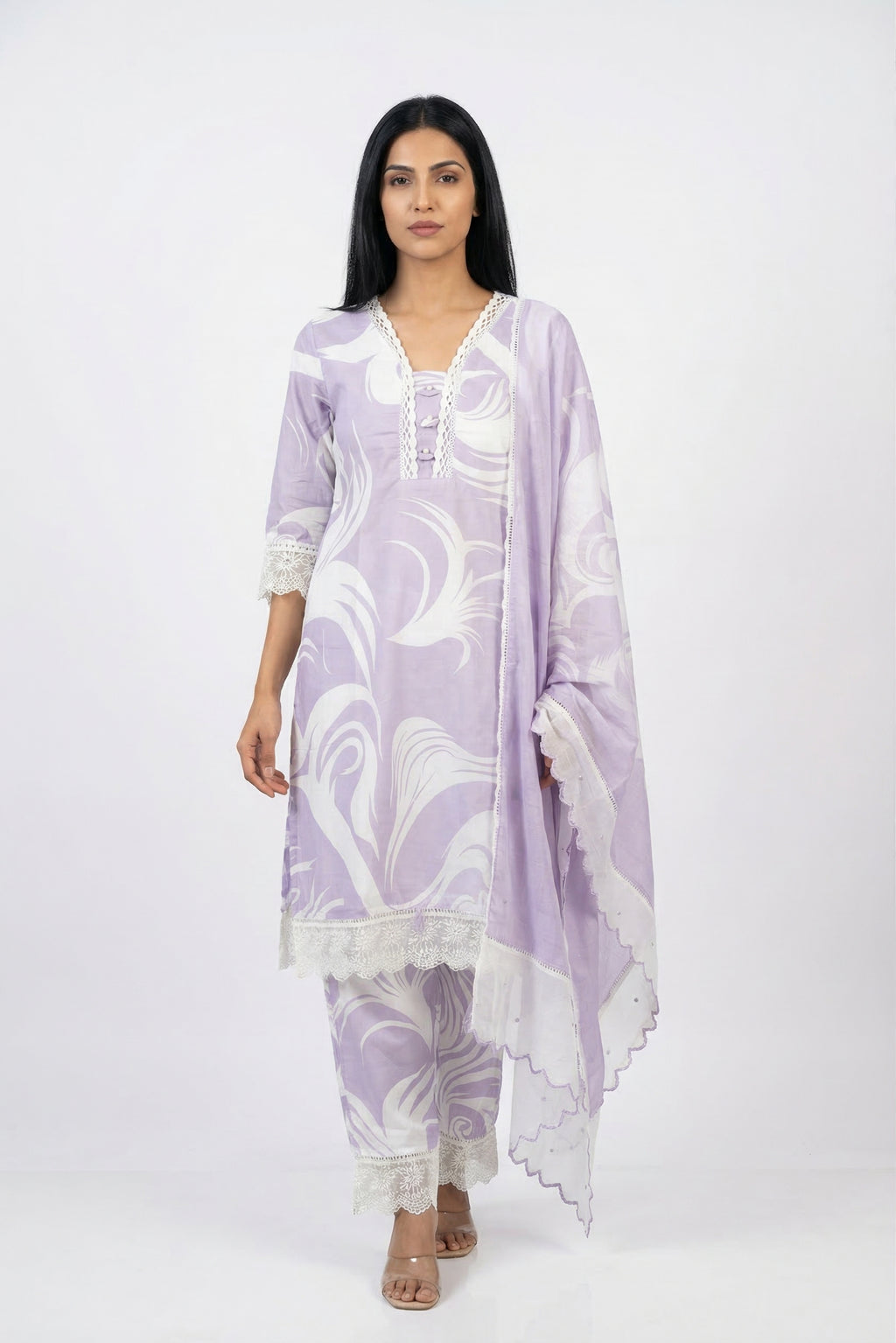 Lavender White Printed Cotton Suit | Lace Detail | Rosio House