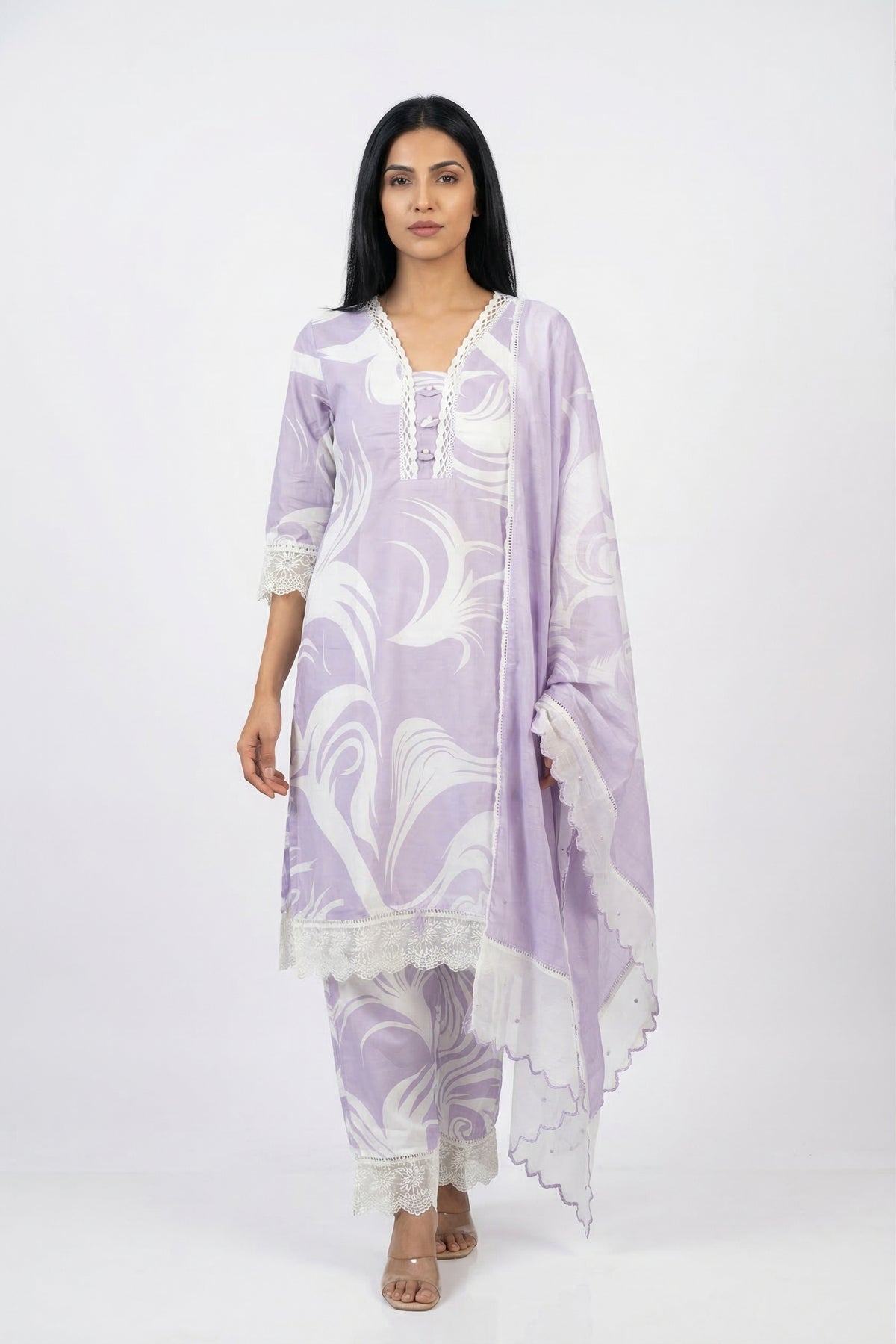 Lavender White Printed Cotton Suit | Lace Detail | Rosio House