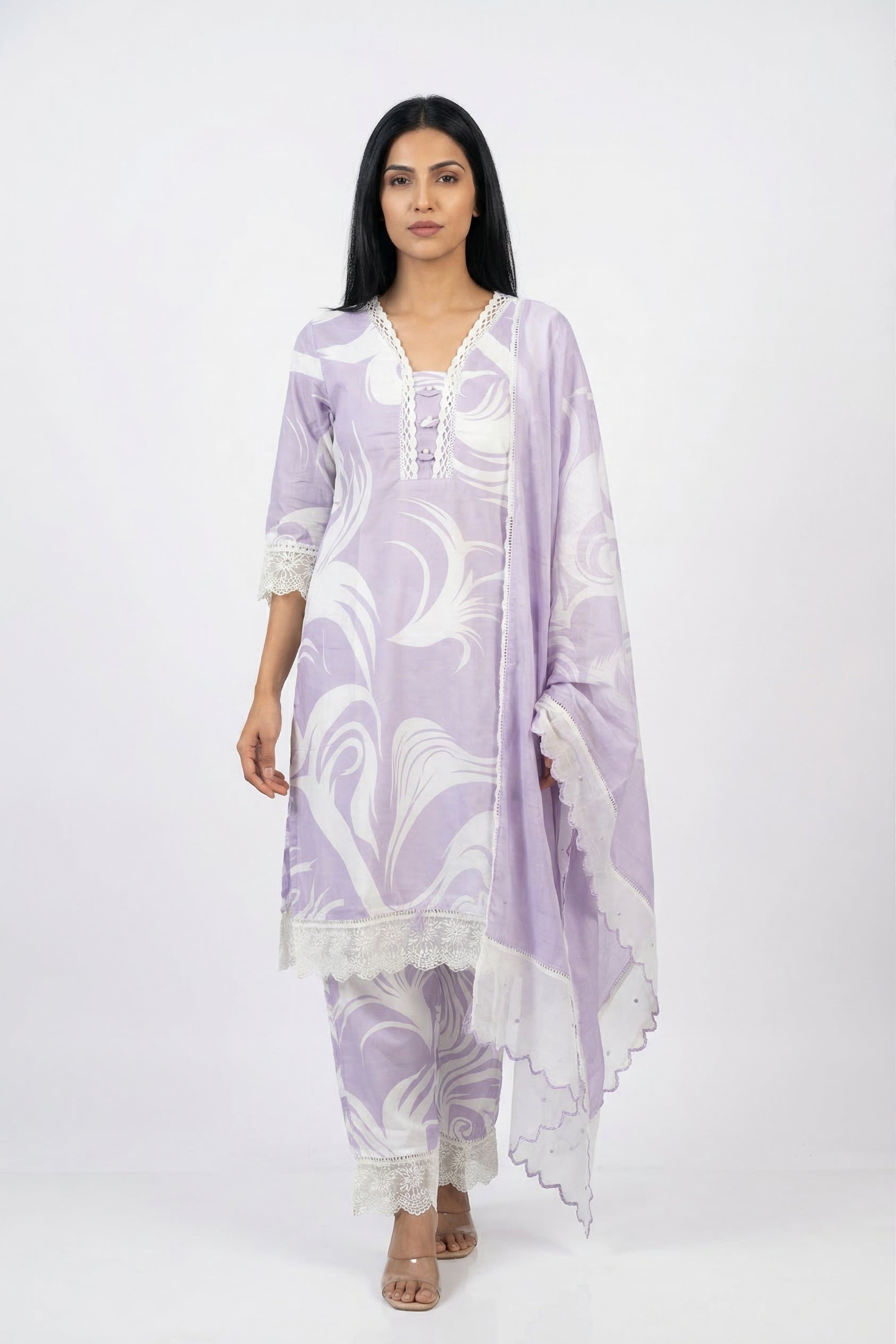 Lavender White Printed Cotton Suit | Lace Detail | Rosio House