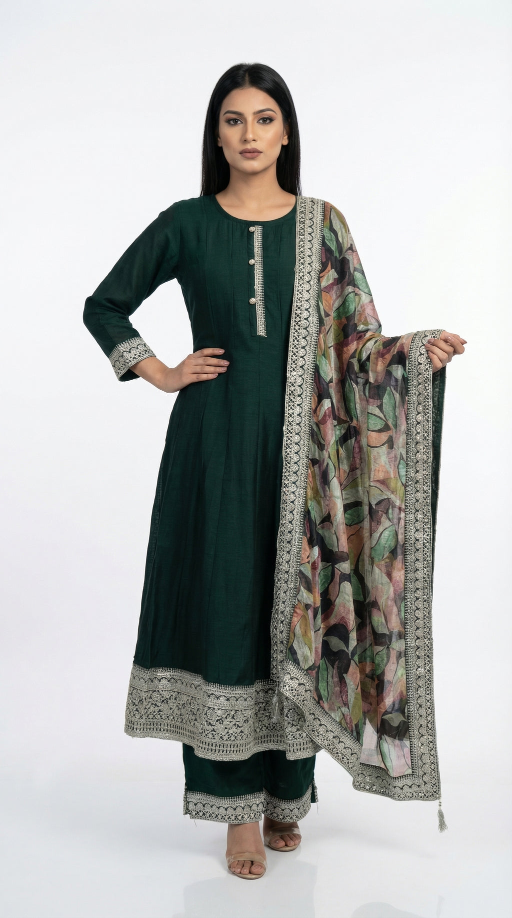 Emerald Green Embroidered Anarkali Suit with Printed Dupatta | Rosio House