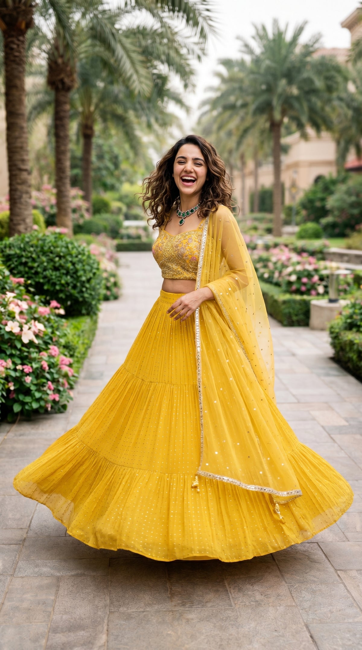 Mustard Yellow Tiered Lehenga Crop Top with Embroidered Blouse & Dupatta Set | Rosio House