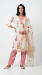 Off-White & Pink Floral Cotton Suit Set | Rosio House