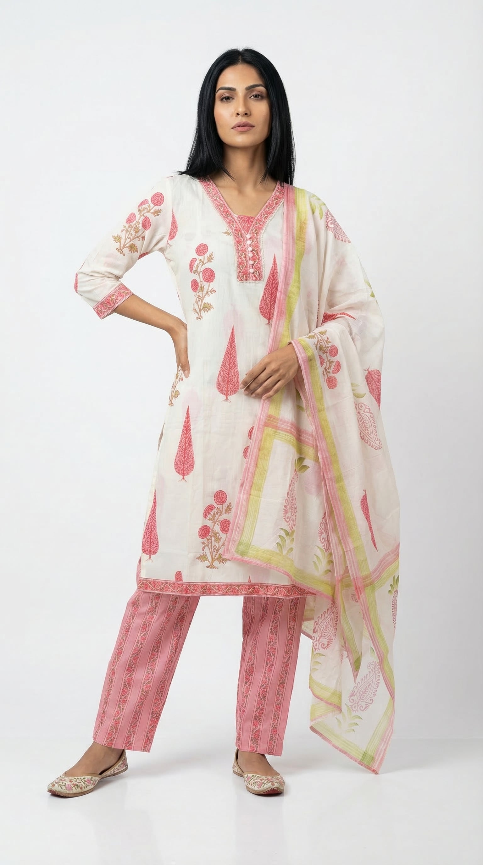 Off-White & Pink Floral Cotton Suit Set | Rosio House