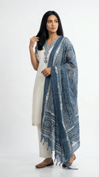 Off-White Embroidered Cotton Suit with Indigo Dupatta | Rosio House