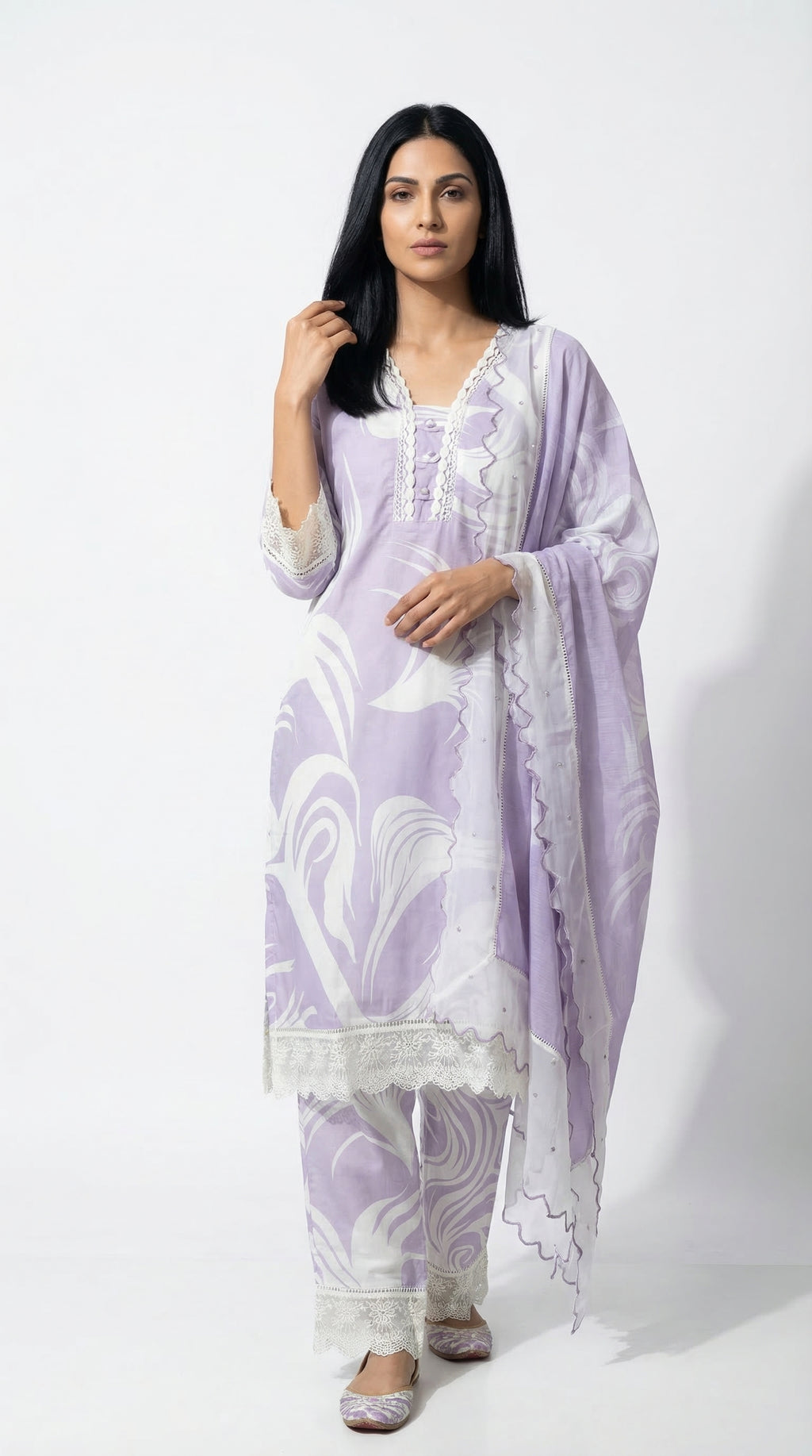 Lavender White Printed Cotton Suit | Lace Detail | Rosio House