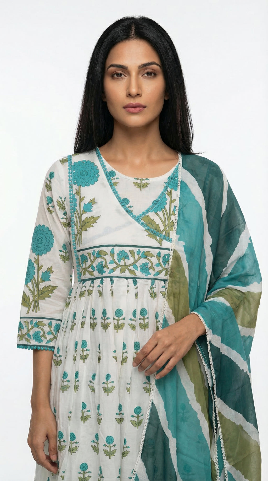 White & Teal Green Block Print Cotton Suit Set | Rosio House