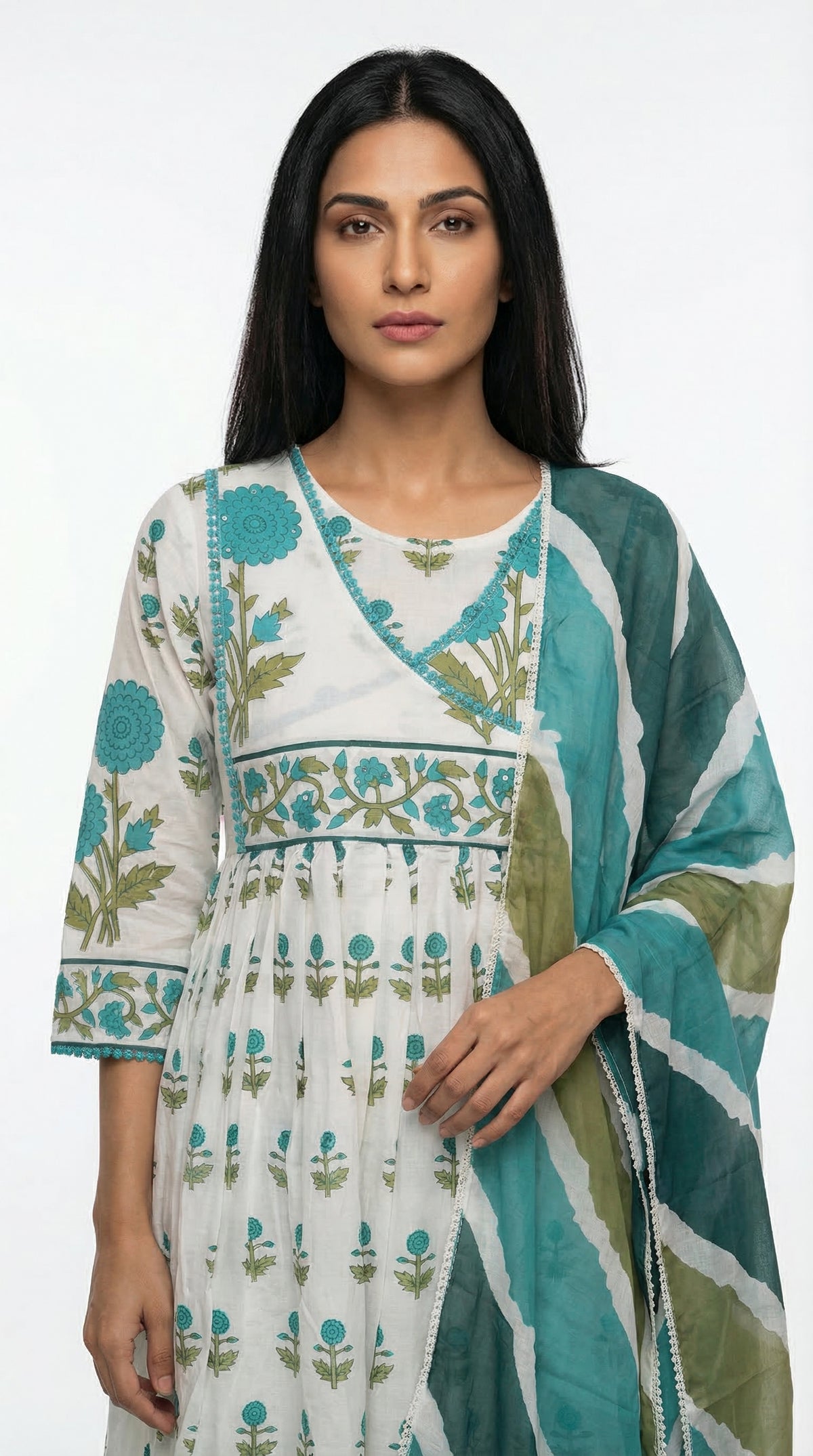 White & Teal Green Block Print Cotton Suit Set | Rosio House