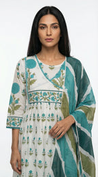 White & Teal Green Block Print Cotton Suit Set | Rosio House