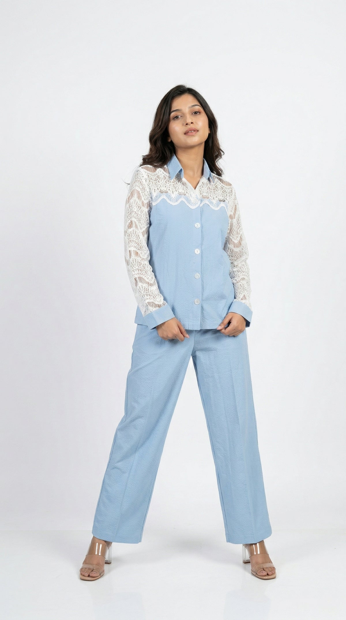Light Blue Cotton Cord Set with Schiffli Lace | Rosio House