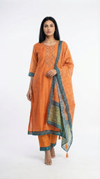 Zesty Orange Embroidered Women Cotton Suit | Rosio House