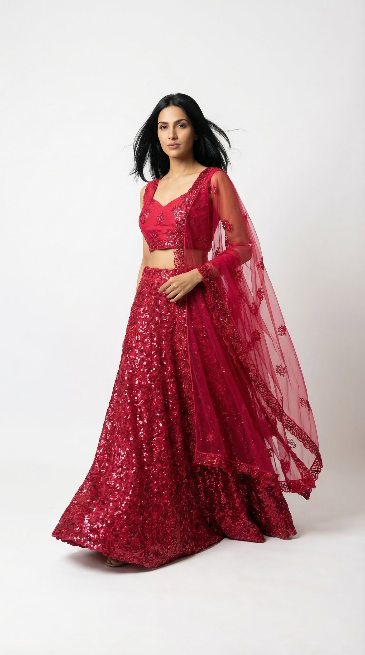 Crimson Red Sequin Embroidered Lehenga Set | Rosio House
