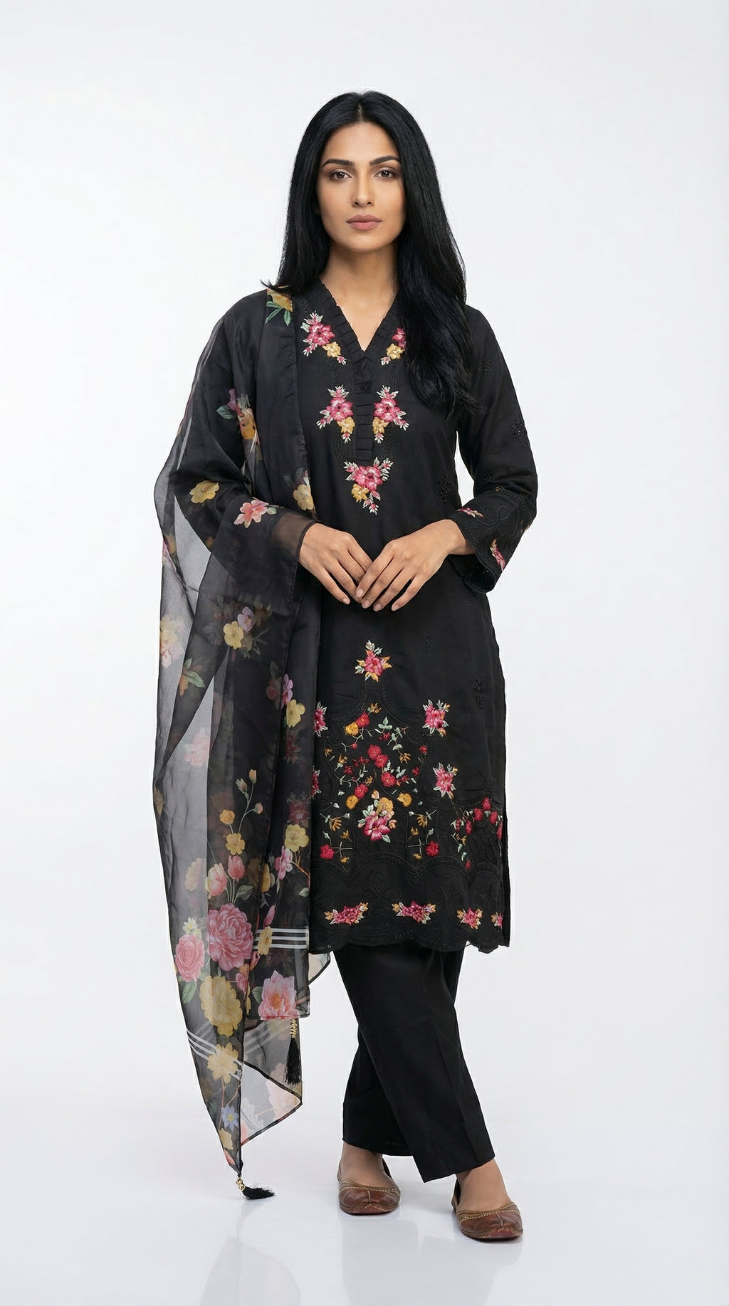 Black Multi-Floral Embroidered Cotton Suit with Dupatta | Rosio House
