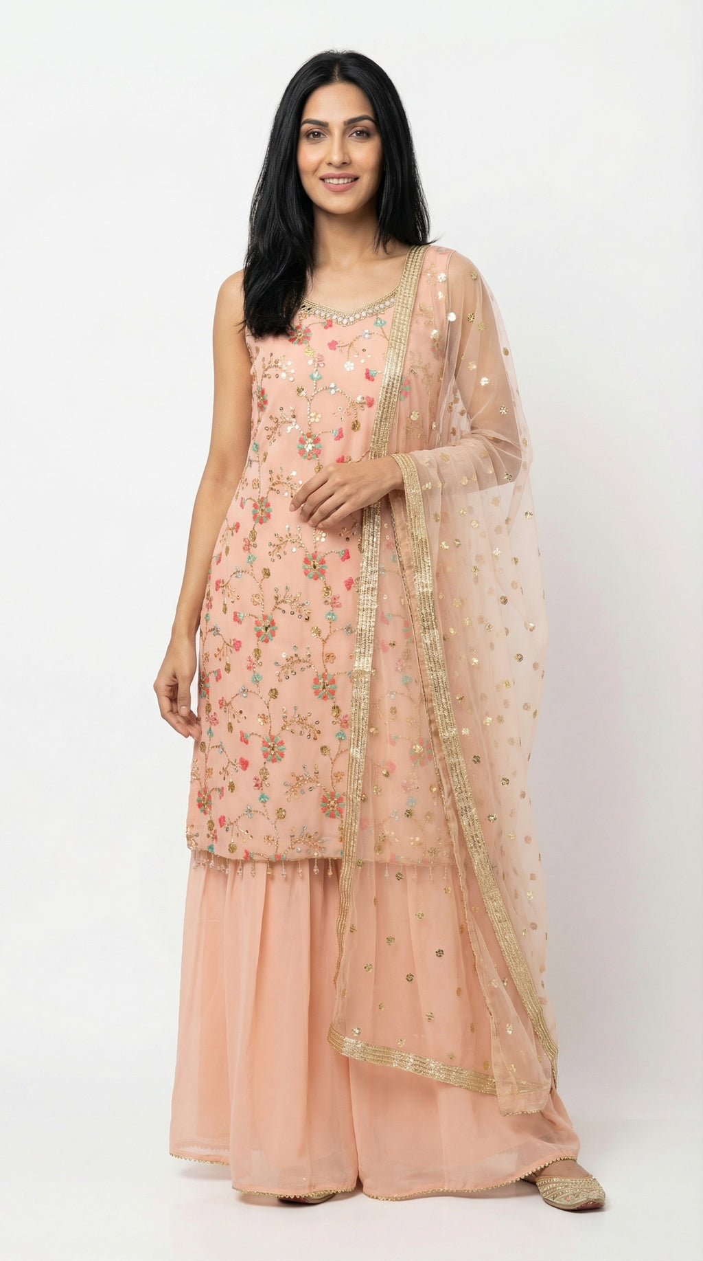 Peach Embroidered Sharara Set with Net Chunni | Rosio House