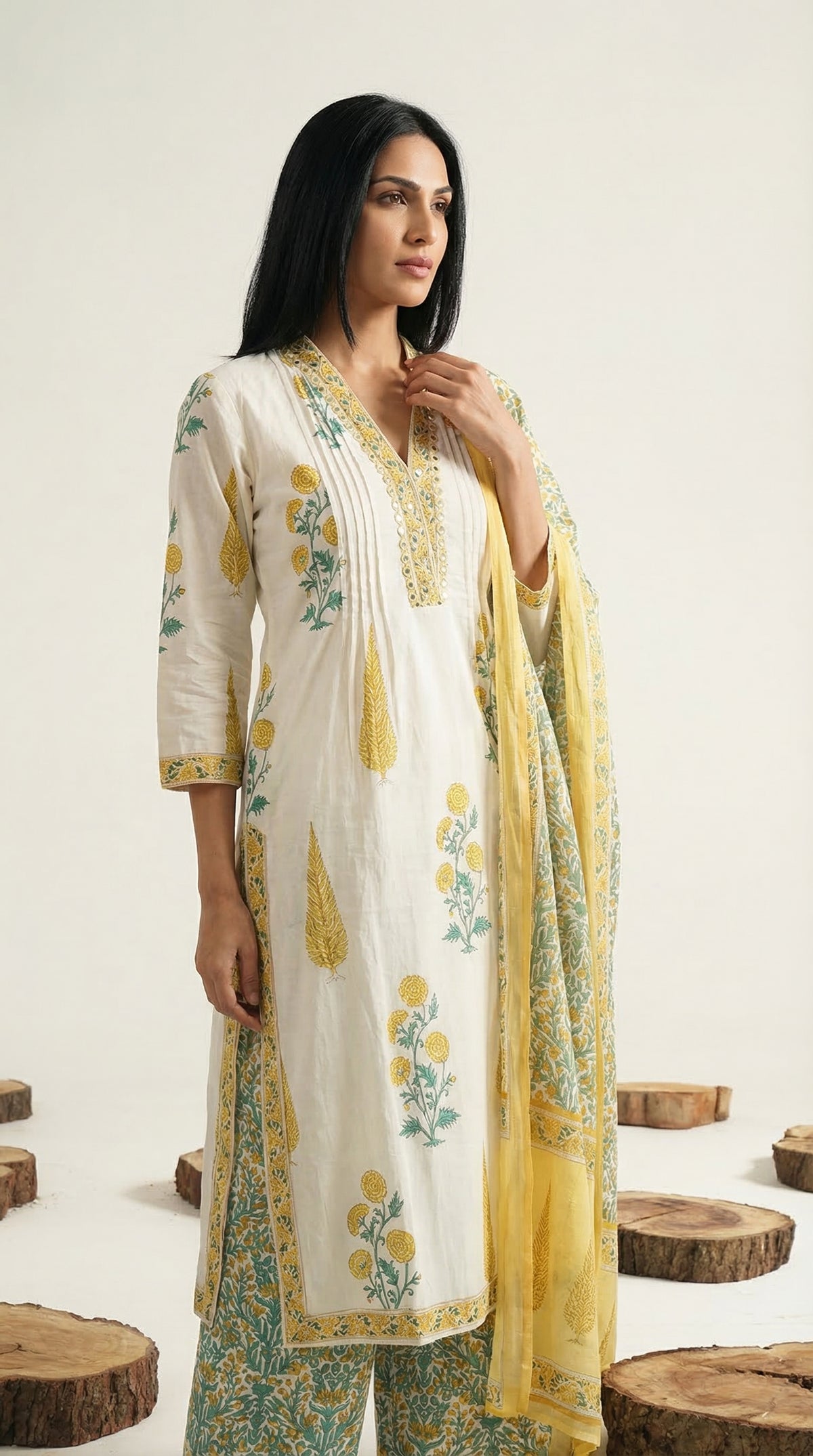 Ivory Yellow Block Print Cotton Suit Set | Rosio House