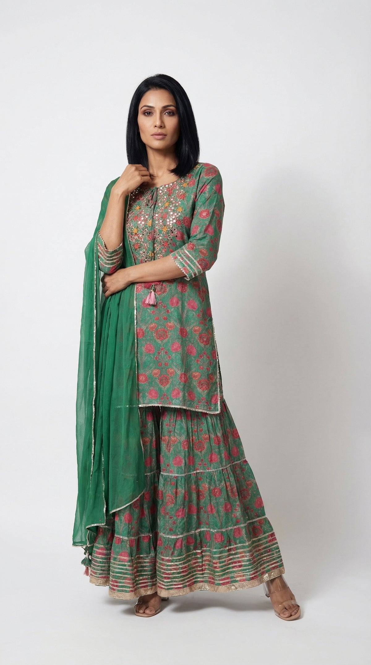 Deep Green Floral Mirror Work Sharara Suit | Rosio House