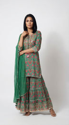 Deep Green Floral Mirror Work Sharara Suit | Rosio House