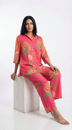Coral Pink Floral Cord Set for Women | Shirt & Pants | Rosio House