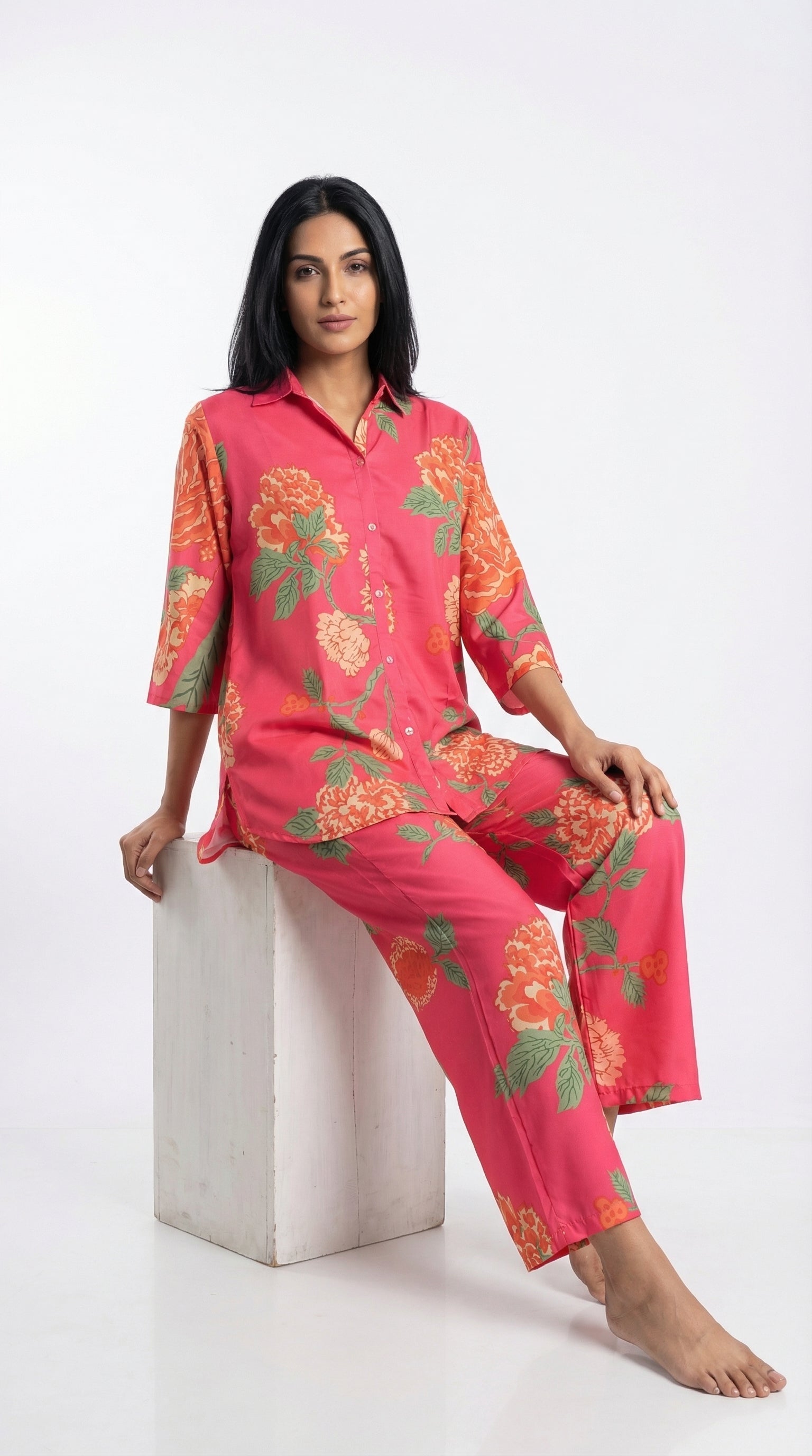 Coral Pink Floral Cord Set for Women | Shirt & Pants | Rosio House