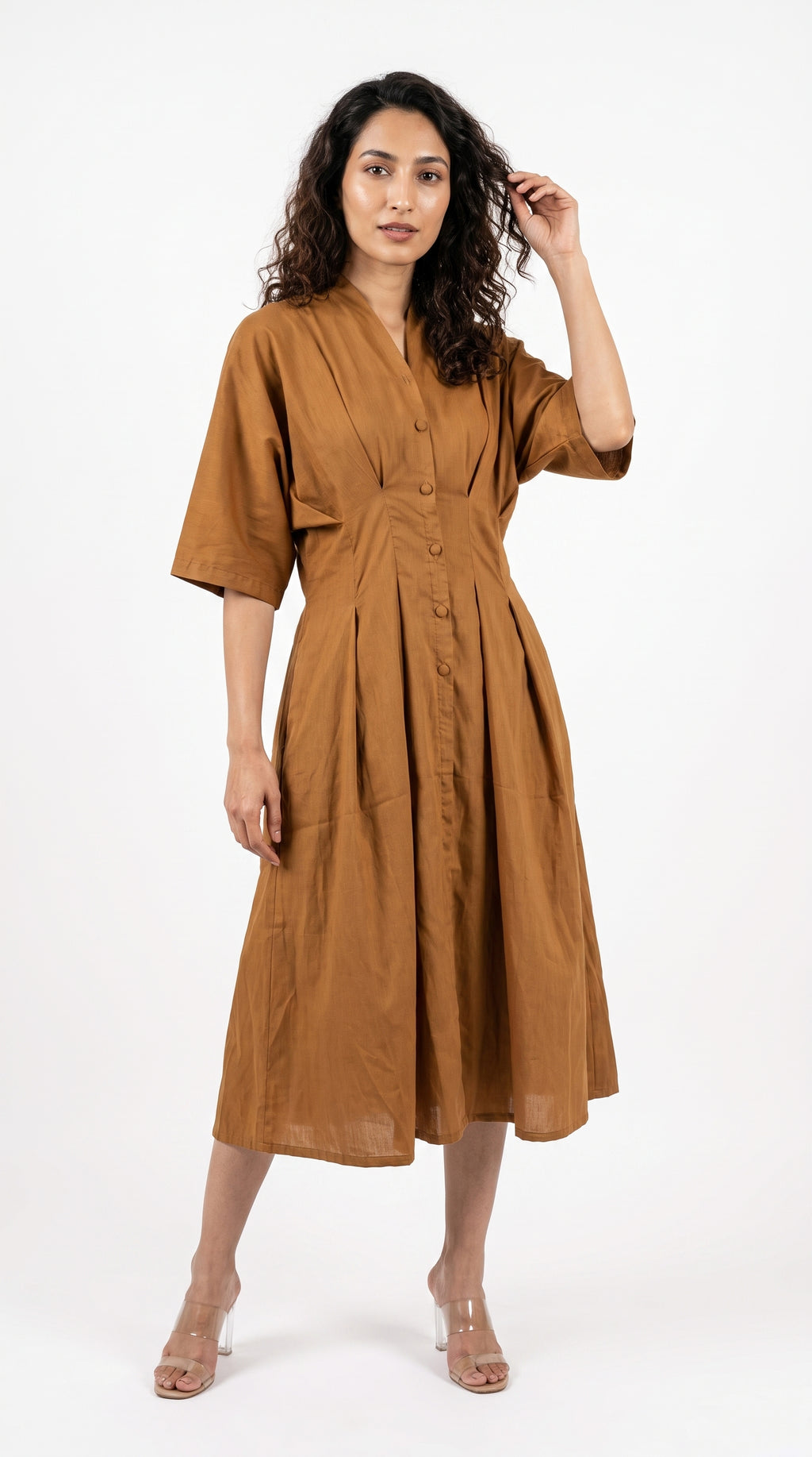 Ochre Cotton Linen Button-Down Midi Dress | Rosio House