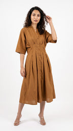 Ochre Cotton Linen Button-Down Midi Dress | Rosio House