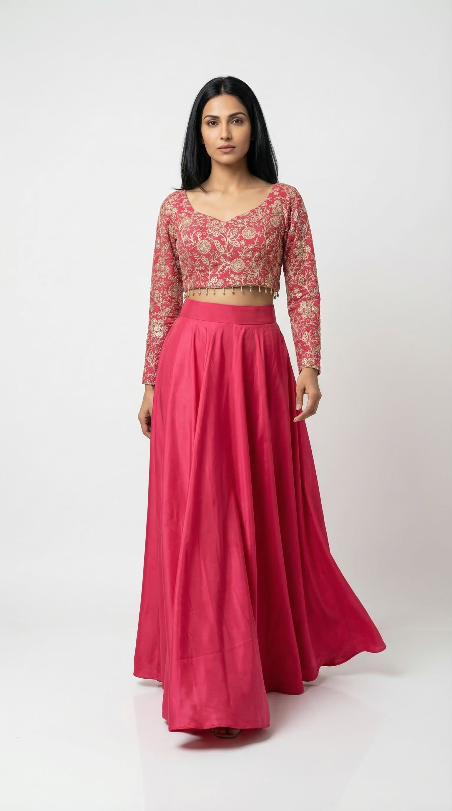 Rani Pink Embroidered Croptop Skirt Set | Rosio House