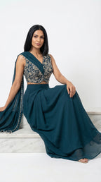 Teal Zari Handwork Draped Skirt Set | Indo-western | Rosio House