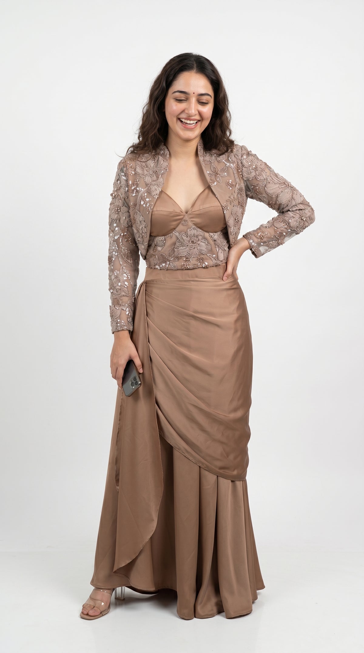 Champagne Beige Indo-Western Drape Skirt Set with Embroidered Short Jacket | Rosio House