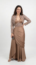 Champagne Beige Indo-Western Drape Skirt Set with Embroidered Short Jacket | Rosio House