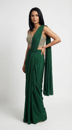 Emerald Green Handwork Blouse & Drape Saree | Rosio House