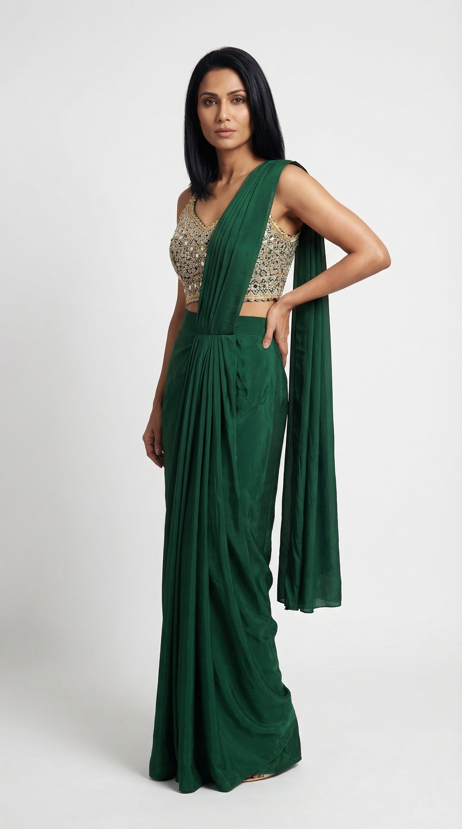 Emerald Green Handwork Blouse & Drape Saree | Rosio House