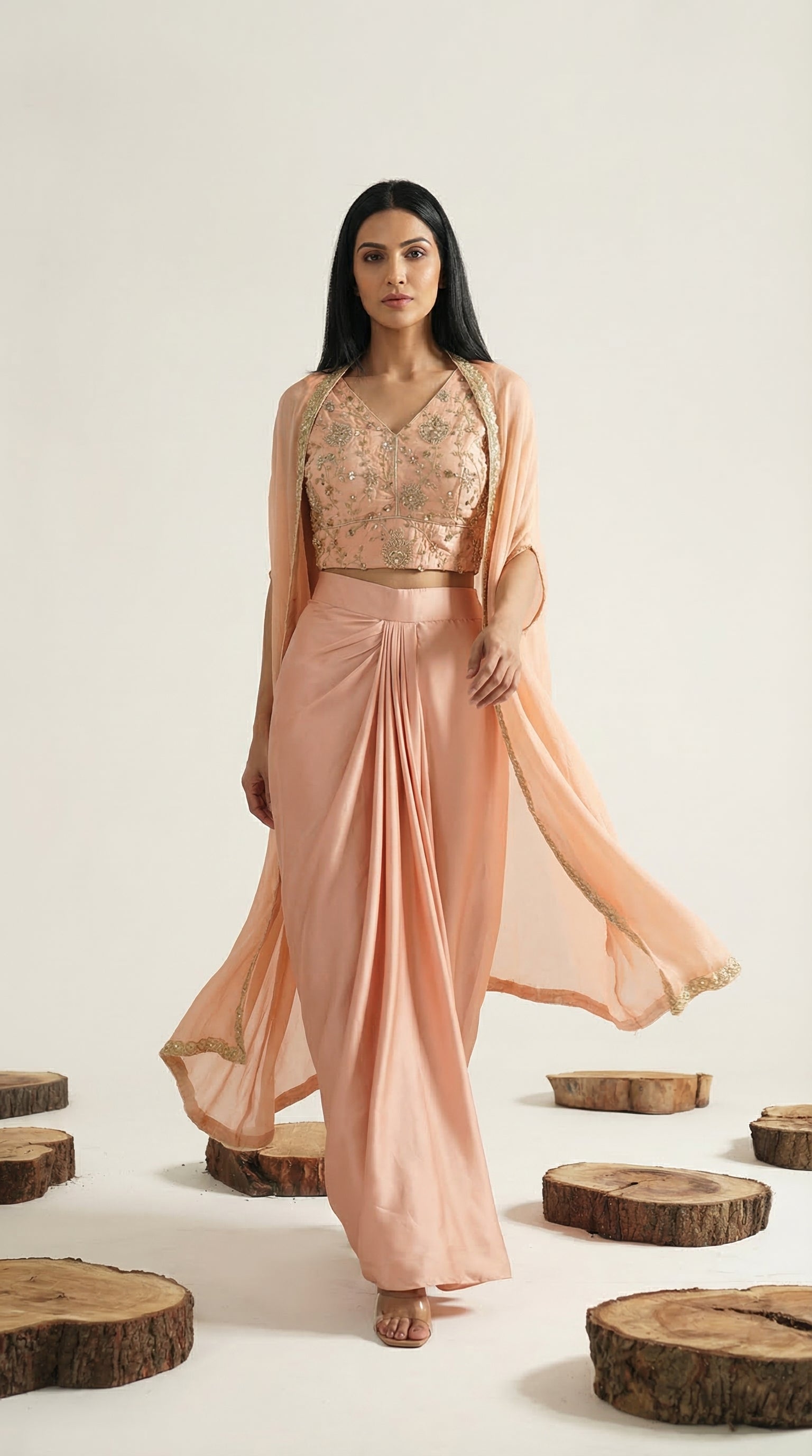 Peach Shrug Style Indo-Western Set | Draped Skirt & Embroidered Crop Top | Rosio House