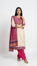 Vibrant Cream & Fuchsia Cotton Suit with Printed Dupatta | Rosio House