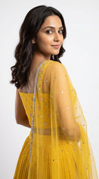 Mustard Yellow Tiered Lehenga Crop Top with Embroidered Blouse & Dupatta Set | Rosio House