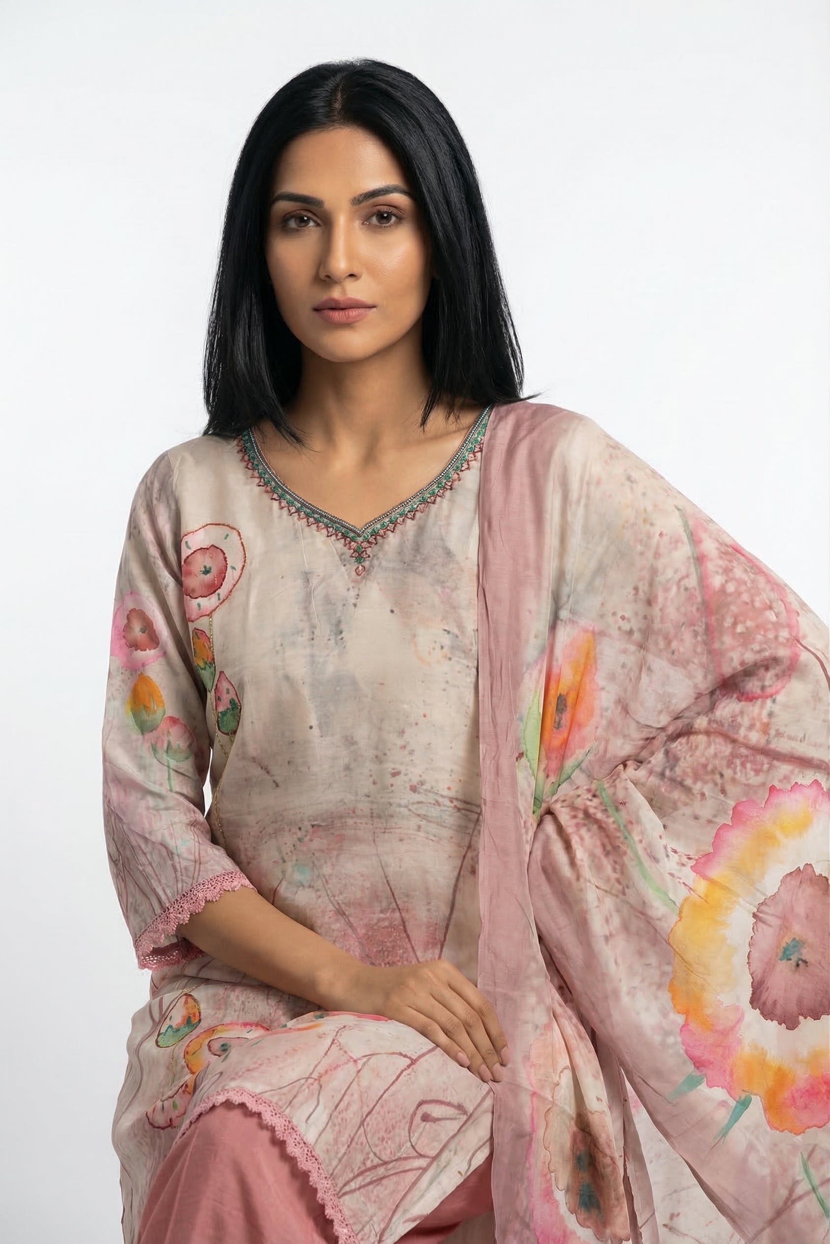 Blush Pink Printed Cotton Suit Set | Kurta, Pants & Dupatta | Rosio House