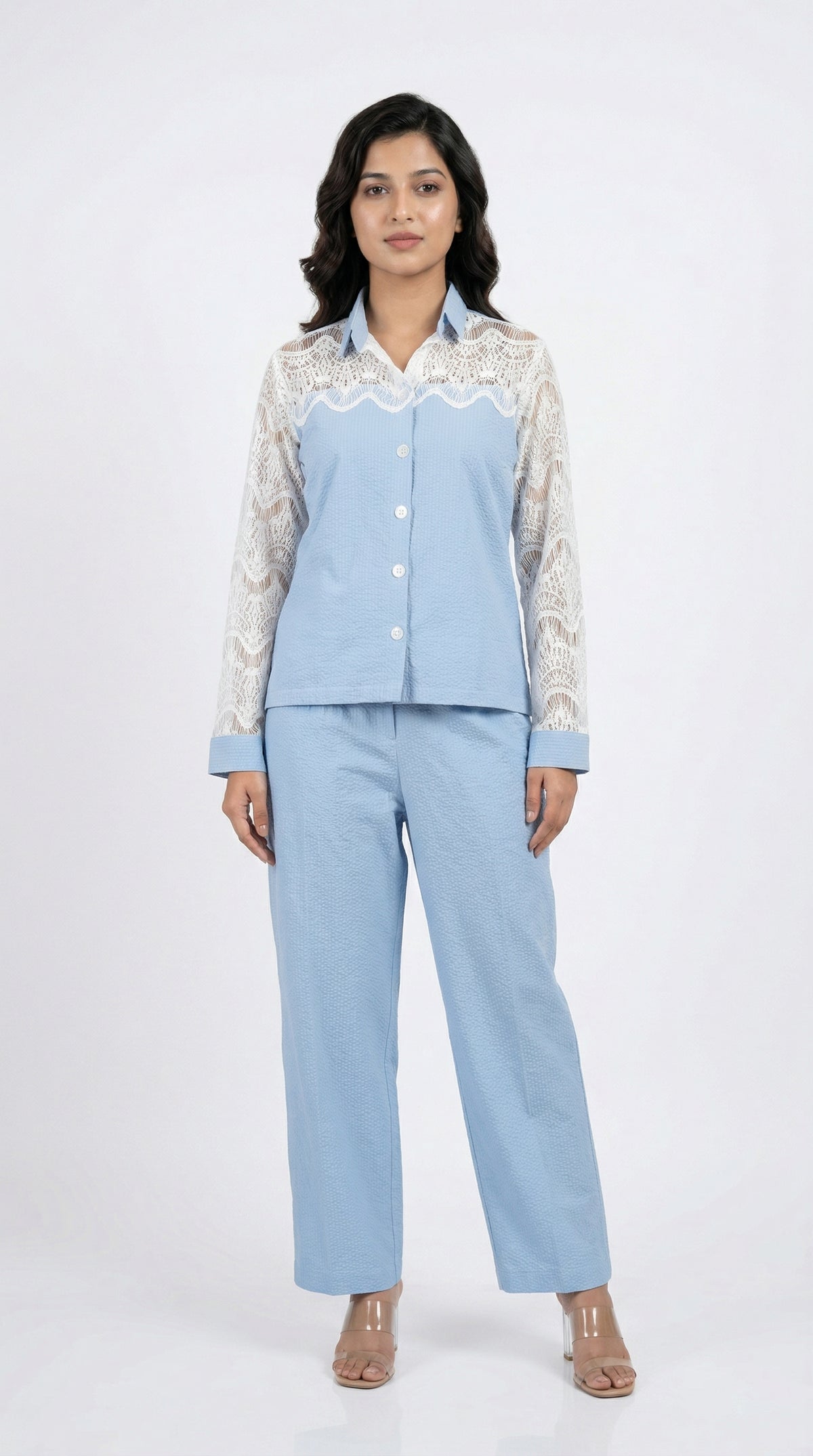 Light Blue Cotton Cord Set with Schiffli Lace | Rosio House