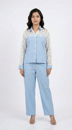 Light Blue Cotton Cord Set with Schiffli Lace | Rosio House