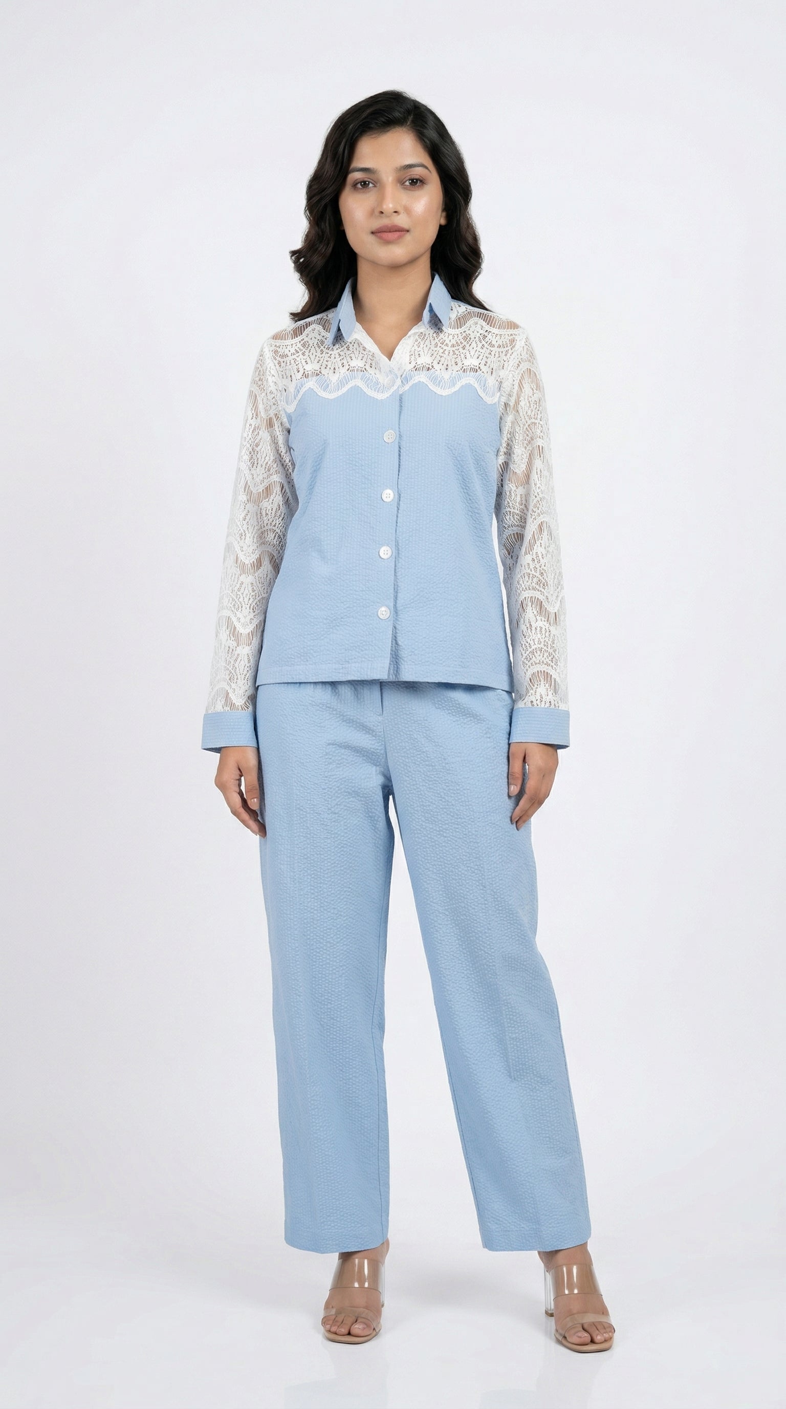 Light Blue Cotton Cord Set with Schiffli Lace | Rosio House