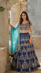 Royal Blue Silk Lehenga with Handwork and Zari Work | Rosio House