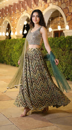 Olive Green Chevron Printed Lightweight Lehenga Set with Handwork Blouse | Rosio House