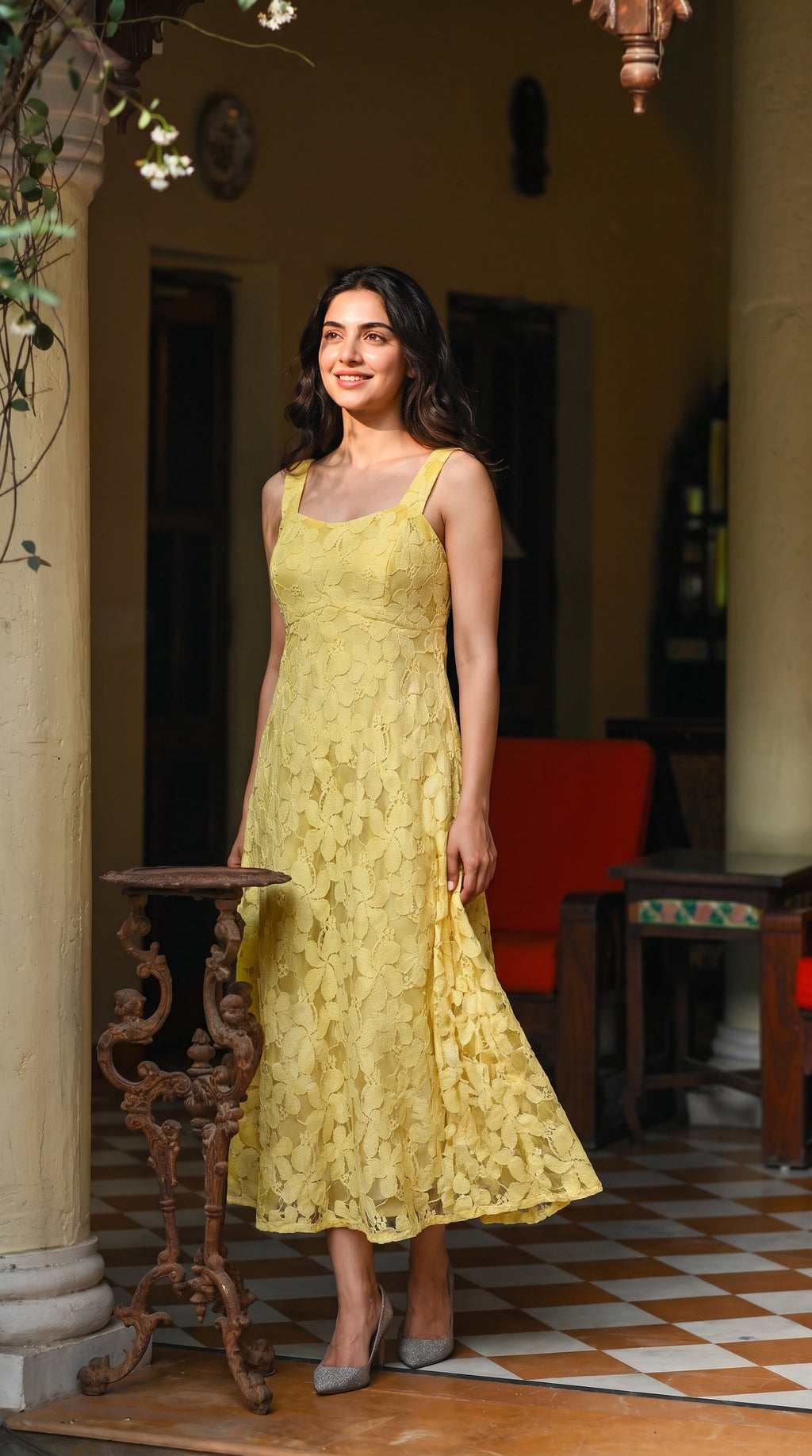Yellow Flower Net Dress - Rosio House