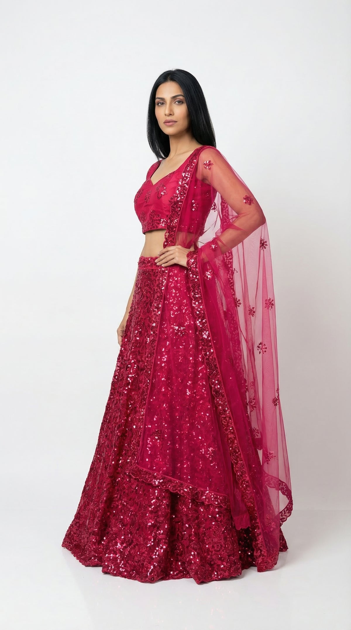Crimson Red Sequin Embroidered Lehenga Set | Rosio House