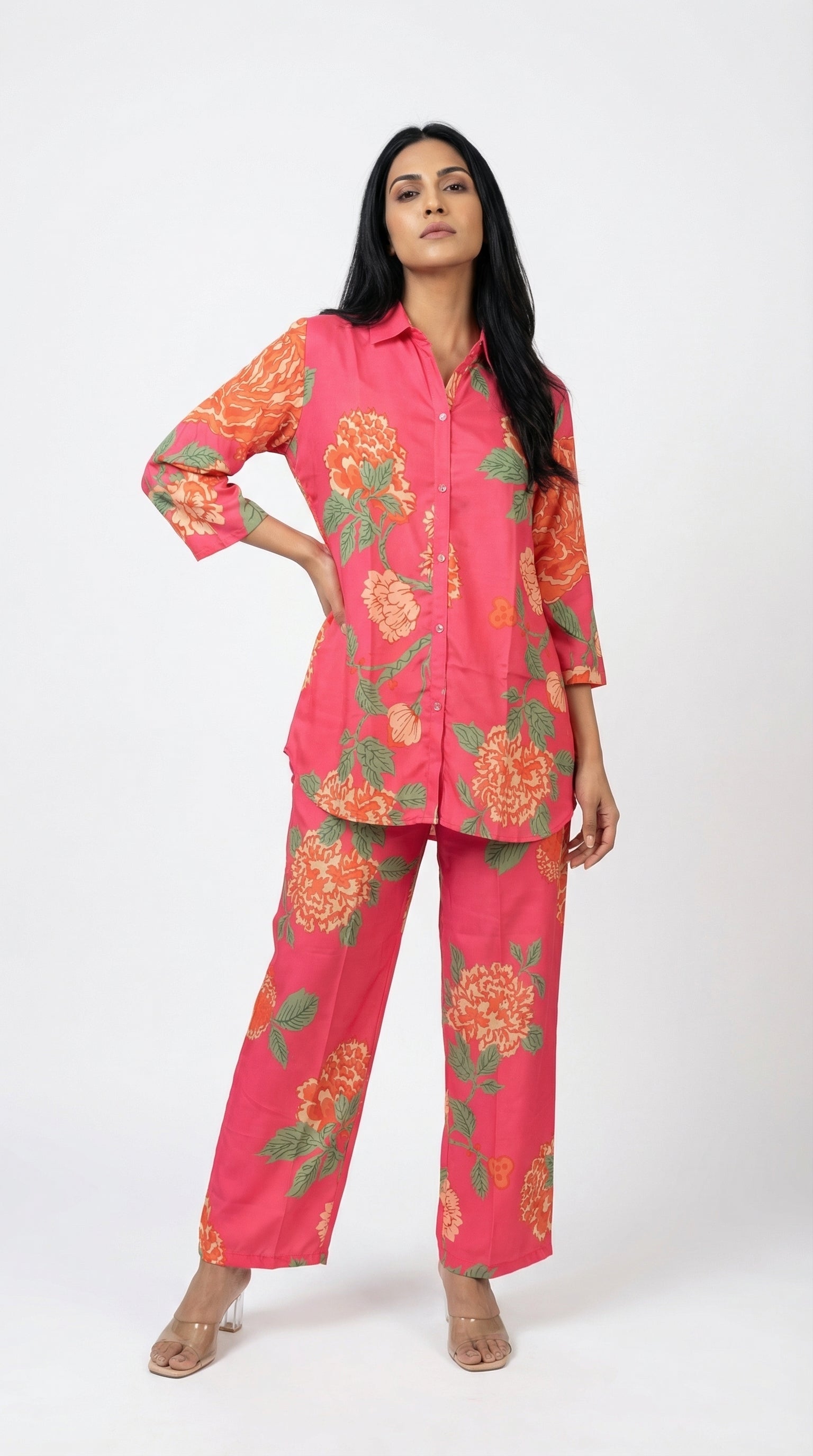 Coral Pink Floral Cord Set for Women | Shirt & Pants | Rosio House